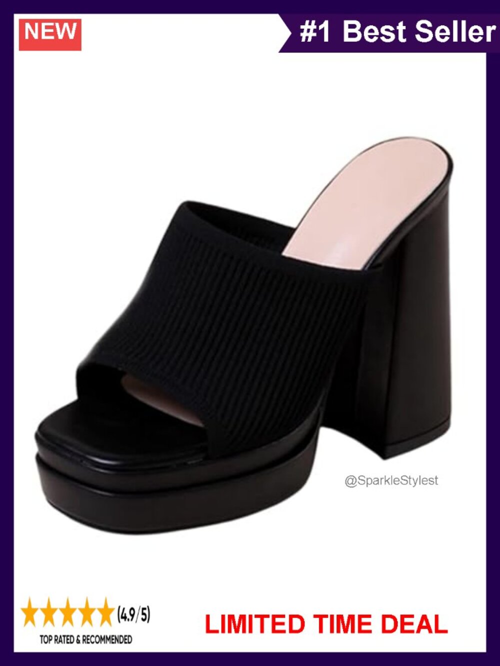 Women's Platform Chunky Heel Sandals Knitted Square Open Toe Slip-On